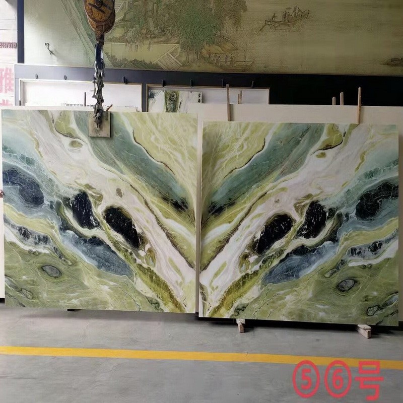 Bookmated green marble slab