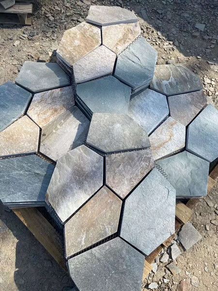 Meshed flagstone slate paving tiles