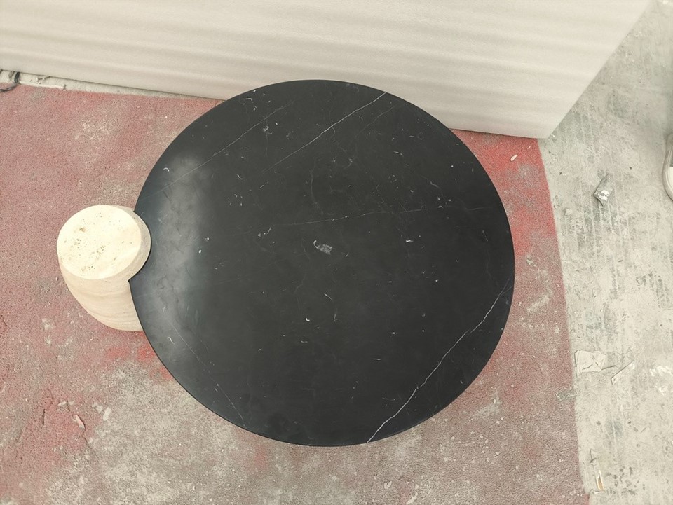 Nero Marquina Marble Table With Beige Travertine Legs