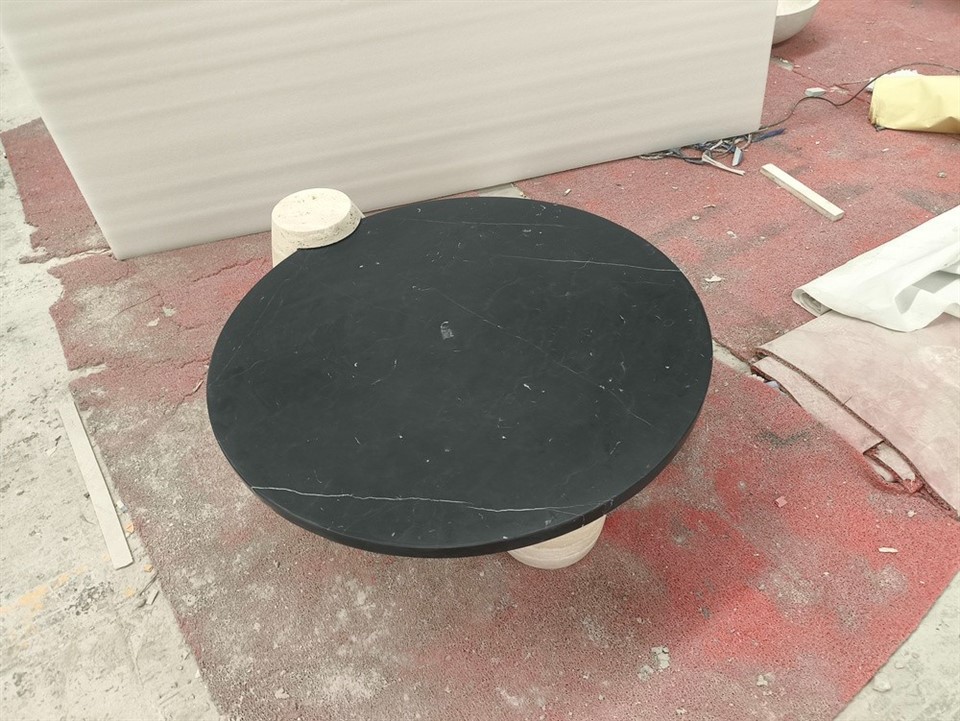Nero Marquina Marble Table With Beige Travertine Legs suppliers