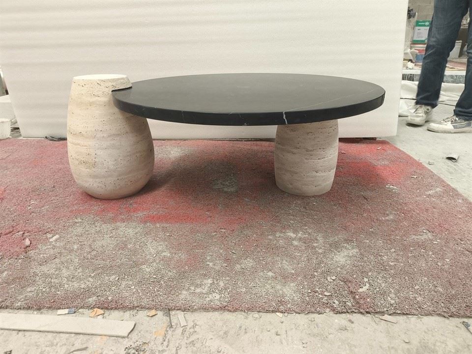 Nero Marquina Marble Table With Beige Travertine Legs factory